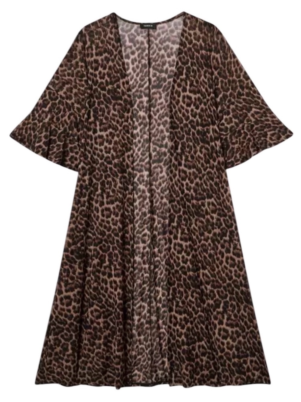 Torrid Mesh Ruffle Sleeve Kimono On The Prowl Leopard Brown NWT Size 00